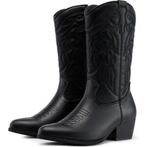 Women's Black Western Cowgirl Pointed Toe Zipper Mid Calf Horse Riding Boots
